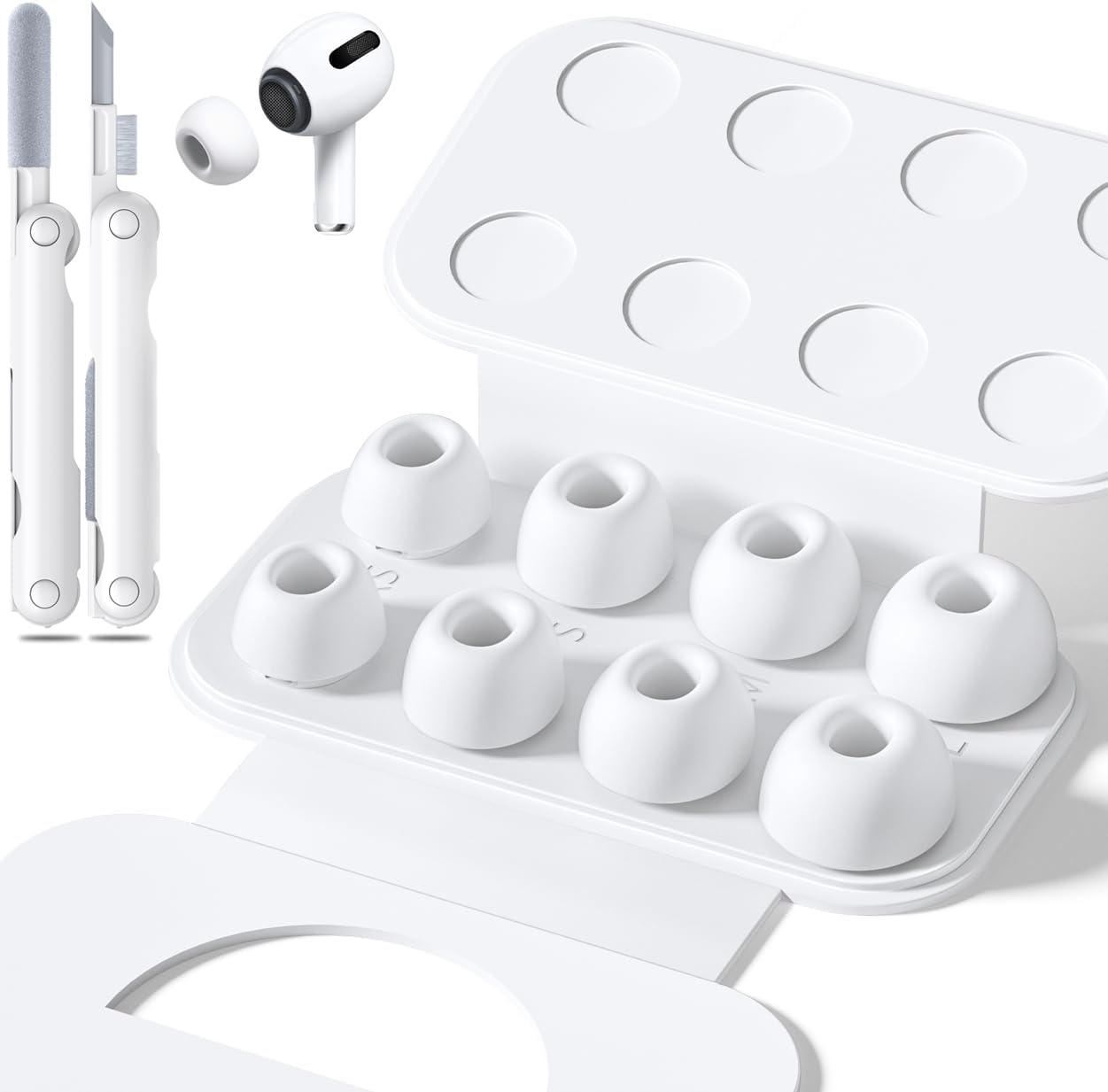 4 Pairs Replacement Ear Tips for AirPods Pro 2nd/1st Generation with Portable Storage Box & Cleaner Pen,Noise Reduction Holewith & Built-in dust Guard Screen,Silicone EarTips(White)